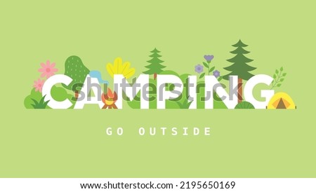 Green camping lettering banner. Trees and flowering plants are decorated. flat design style vector illustration.