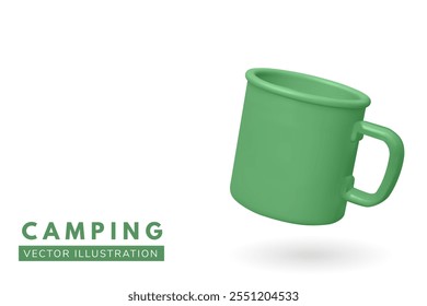 Grüner Campingbecher einzeln auf weißem Hintergrund. Vektorgrafik. 3D Camping Becher für Outdoor-Enthusiasten, Wanderer und Überlebende.