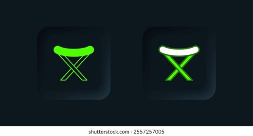 Green Camping portable folding chair icon isolated on black background. Rest and relax equipment. Fishing seat. Black square button. Vector