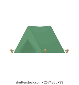 Green camping tent in cartoon style on a white isolated background. Waterproof lightweight tent for all seasons for recreation, fishing, picnic. Temporary home, shelter