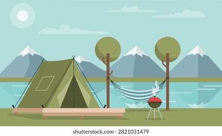 Green camping tent and a hammock tied between trees near a scenic lake with snowy mountains in the background.