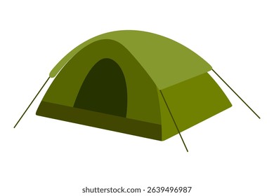 Green Camping Tent Illustration. Simple green dome-shaped camping tent with ropes and entrance opening, flat vector style, isolated on white background.
