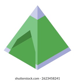 Green camping tent shaped like an isometric pyramid with a snowy peak, ideal for representing outdoor adventures and tourism