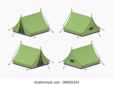 Green camping tents. 3D lowpoly isometric vector illustration. The set of objects isolated against the white background and shown from different sides