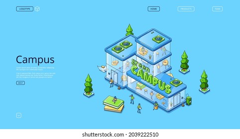 Green Campus Isometric Landing Page, People Work And Study In Modern Glass Building, University, Coworking Office, Creative Workplace For Students Or Business Employees, 3d Vector Line Art Web Banner