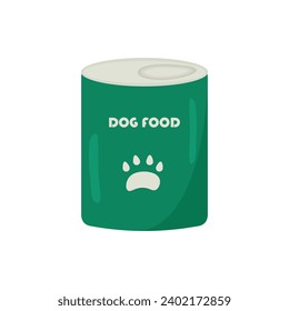 Green can of canned food for dogs. Flat pack of pet food with paw. Products for pets, pet store, veterinary clinic. Vector on white background.