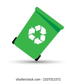 Green can garbage with recycling symbol on it