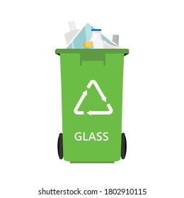 Green can with sorted glass garbage vector icon. Recycling garbage separation and recycled isolated on white background. Recycling concept - bin full of glass
