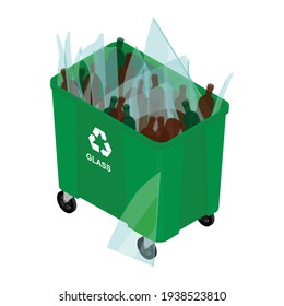 Green can with sorted glass garbage vector icon. Recycling garbage separation and recycled isolated on white background. Recycling concept - bin full of glass