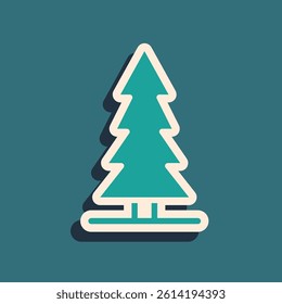 Green Canadian spruce icon isolated on green background. Forest spruce. Long shadow style. Vector