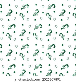 Green Candy Cane with Bows and Stars Pattern Illustration. Festive Cheerful Design. Christmas Art. Minty Peppermint Stripes Repeated Layout, for Holiday Decoration, Wrapping Paper, And Seasonal Print.