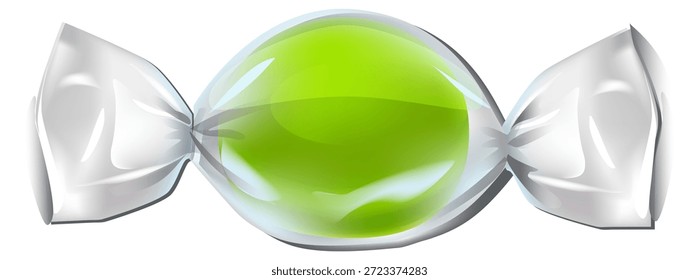 A green candy in a plastic wrapper