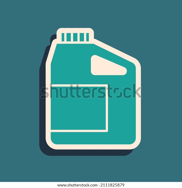 Green Canister for motor machine oil\
icon isolated on green background. Oil gallon. Oil change service\
and repair. Engine oil sign. Long shadow style.\
Vector