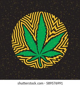 Green cannabis leaf in circle with yellow strips on black grunge background