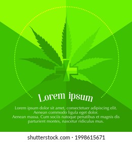 Green cannabis leaf with a cross on a green background and place for text. Copy of the space 