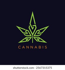green cannabis leaf with geometric lines on a dark background