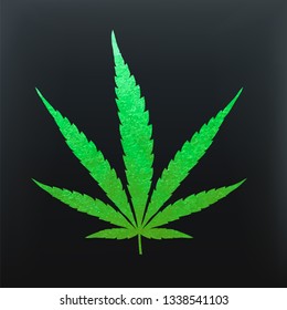 Green cannabis leaf vector - metallic emerald paint foil silhuette of marijuana indica leaf on black background, green shiny weed sign