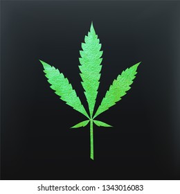 Green cannabis leaf vector - metallic emerald paint foil silhuette of marijuana ruderalis leaf on black background, green shiny weed sign