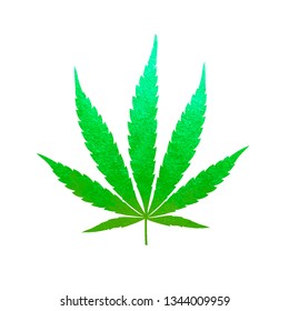 Green cannabis leaf vector - metallic emerald paint foil silhuette of marijuana sativa leaf on white background, green shiny weed sign