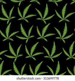 Green Cannabis leafs on a black background seamless pattern.
