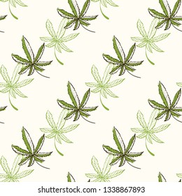 Green cannabis leaves seamless pattern background. CBD, cannabis, hemp oil or marijuana in medical use.. Vector illustration on white background in watercolor style.