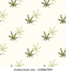 Green cannabis leaves seamless pattern background. CBD, cannabis, hemp oil or marijuana in medical use.. Vector illustration on white background in watercolor style.