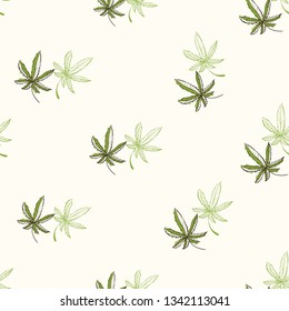 Green cannabis leaves seamless pattern background. CBD, cannabis, hemp oil or marijuana in medical use.. Vector illustration on white background in watercolor style.