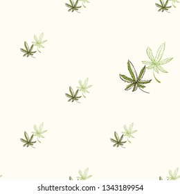 Green cannabis leaves seamless pattern background. CBD, cannabis, hemp oil or marijuana in medical use.. Vector illustration on white background in watercolor style.