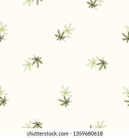 Green cannabis leaves seamless pattern background. CBD, cannabis, hemp oil or marijuana in medical use.. Vector illustration on white background in watercolor style.