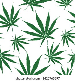 Green Cannabis Leaves Seamless Pattern, Hemp Weed Leaves Surface Pattern, Marijuana Repeat Pattern Background for Textile Design, Fabric Printing, Stationary, Packaging or Background  
