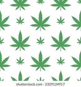 Green Cannabis Leaves Seamless Pattern on White background