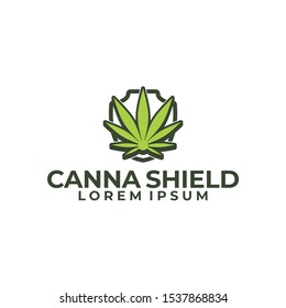 Green cannabis logo template with shield on it illustration in flat design pictogram symbol