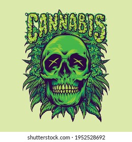 Green Cannabis Skull Weeds Plant illustrations for your work Logo, mascot merchandise t-shirt, stickers and Label designs, poster, greeting cards advertising business company or brands.
