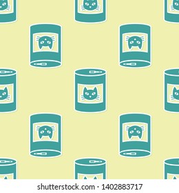 Green Canned food for cat icon isolated seamless pattern on yellow background. Food for animals. Pet dog food can. Vector Illustration