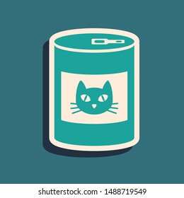 Green Canned food for cat icon isolated on blue background. Food for animals. Pet dog food can. Long shadow style. Vector Illustration