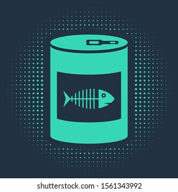 Green Canned food for cat icon isolated on blue background. Fish skeleton sign. Food for animals. Pet dog food can. Abstract circle random dots. Vector Illustration