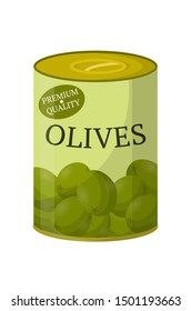 Green canned olives flat vector illustration. Eco product isolated clipart on white background. Premium quality preserved organic olives in metal jar. Natural olea europaea cartoon design element