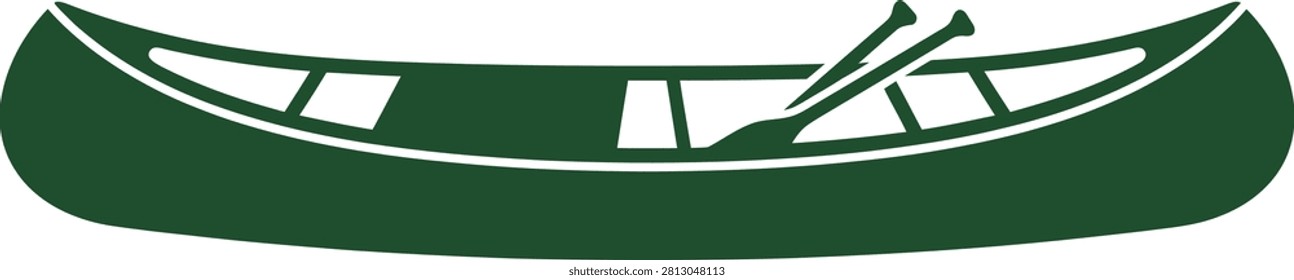 Green canoe with paddles resting inside, set against a calm water backdrop with trees