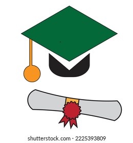 A green cap and with degree diploma roll . Concept of academic accomplishment - Educational illustration - vector , icon 