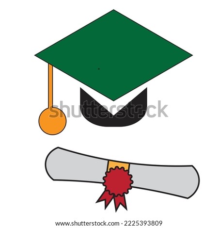 A green cap and with degree diploma roll . Concept of academic accomplishment - Educational illustration - vector , icon 