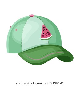 Green cap with watermelon design and cute face. Vector illustration