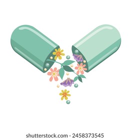 Green capsule with medicinal herbs in flat style. Herbal medicine image. Alternative medicine. Healthy lifestyle. Vector illustration for advertising, flyers and social networks.