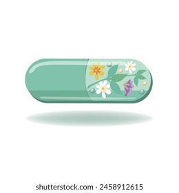 Green capsule with medicinal herbs in flat style. Herbal medicine image. Alternative medicine. Healthy lifestyle. Vector illustration for advertising, flyers and social networks.