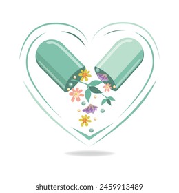 Green capsule with medicinal herbs in flat style. Herbal medicine image. Alternative medicine. Healthy lifestyle. Vector illustration for advertising, flyers and social networks.