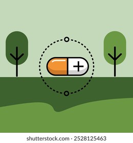 A green capsule resting on a bed of grass surrounded by trees. This image symbolizes natural medicine and the healing power of nature.