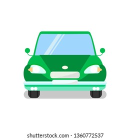 Green Car, Automobile Flat Vector Illustration. Vehicle, Passenger Transportation Means. Retro Automobile. Clean, New Sedan Auto Front View. Transport Industry, City Traffic Isolated Design Element