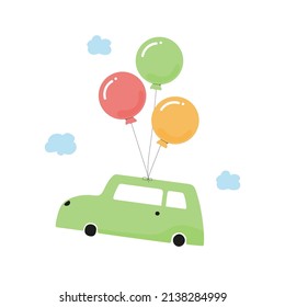 Green car with balloons vector illustration for birthday invitation, postcard, logo, sticker and instructional media