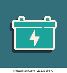 Green Car battery icon isolated on green background. Accumulator battery energy power and electricity accumulator battery. Long shadow style. Vector