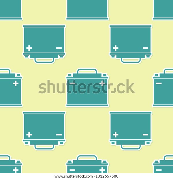Green Car\
battery icon isolated seamless pattern on yellow background.\
Accumulator battery energy power and electricity accumulator\
battery. Flat design. Vector\
Illustration
