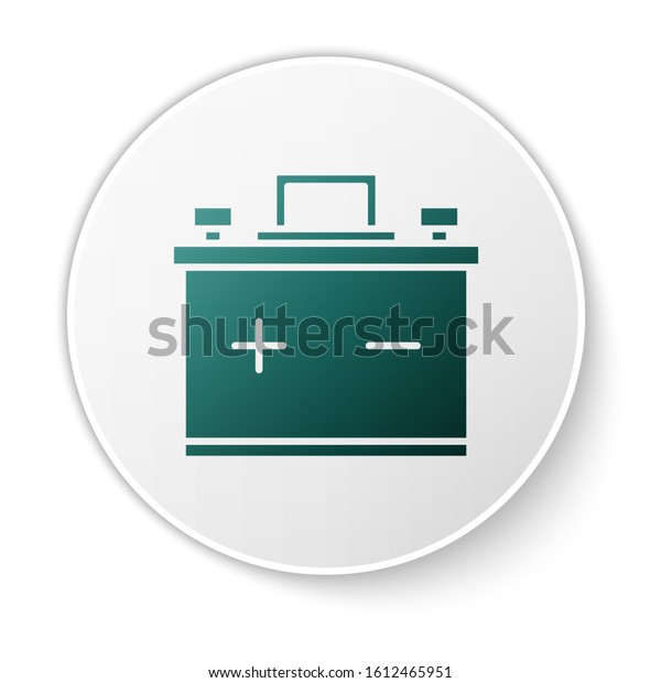 Green Car battery icon
isolated on white background. Accumulator battery energy power and
electricity accumulator battery. White circle button. Vector
Illustration
